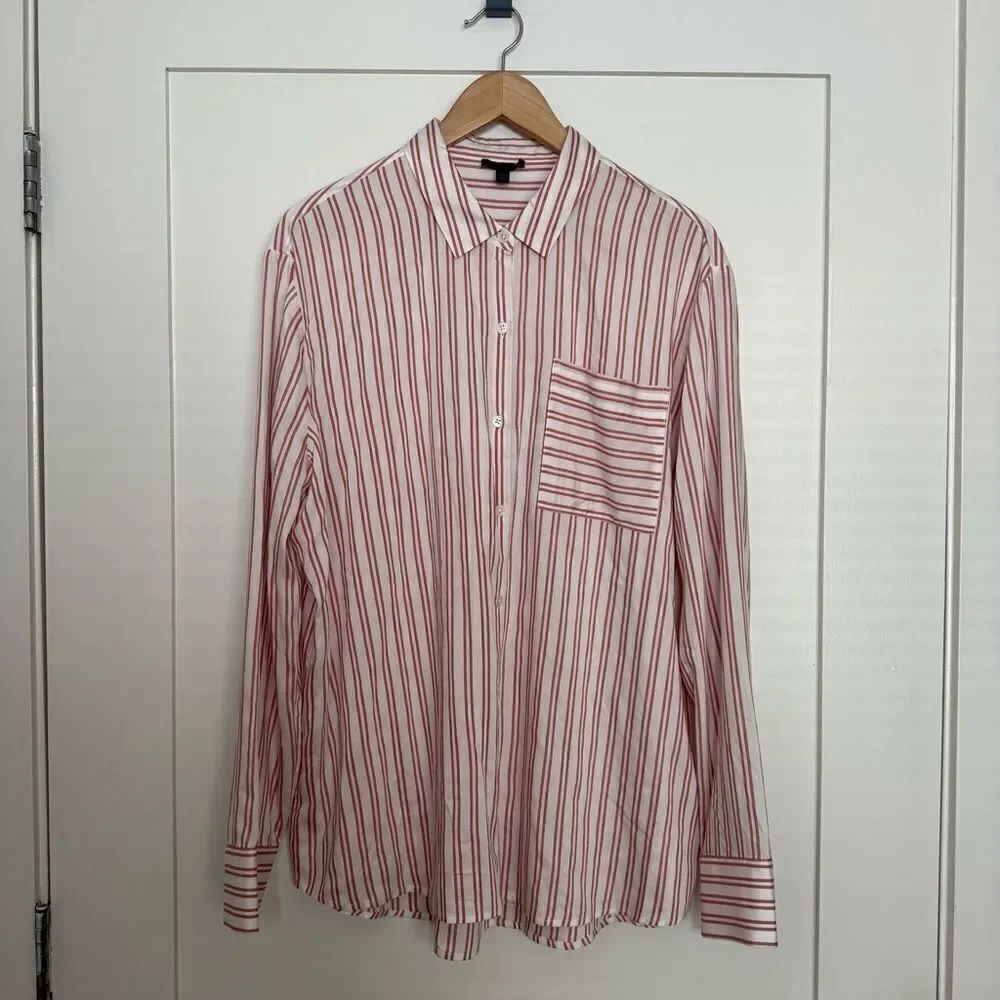 ATM Blouse Shirt Womens Sz XL White Pink Striped Button Up Silk Blend Office